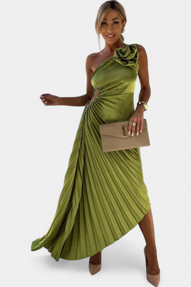 Vestido de Cóctel Asimétrico Leire con Aplique Floral y Falda Plisada