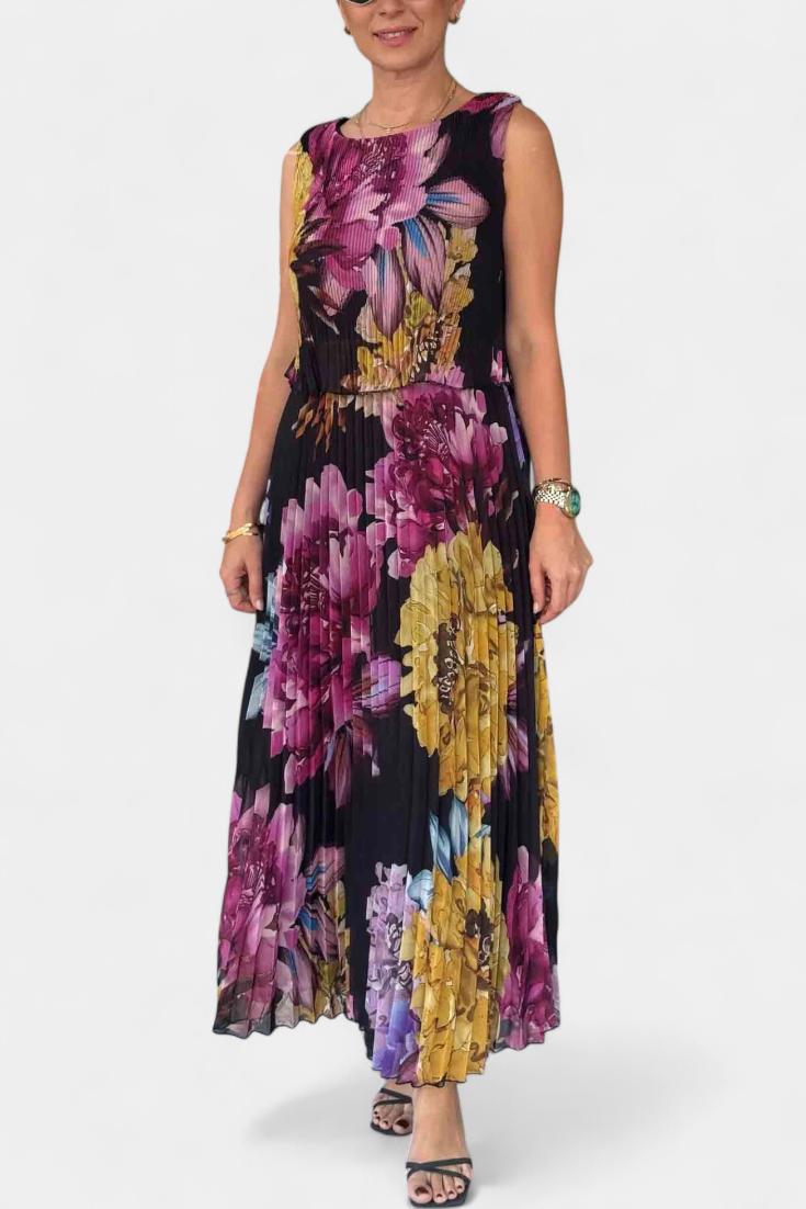 Vestido Largo de Gasa Plisada Shaya con Estampado