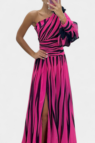 Vestido Maxí Elegante de Rayas con Un Solo Hombro de Bethania