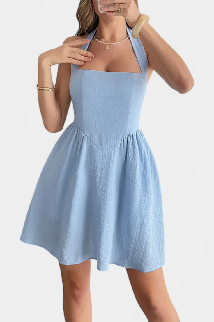 Kassandra Mini Halter Dress with Open Back and Flared Silhouette