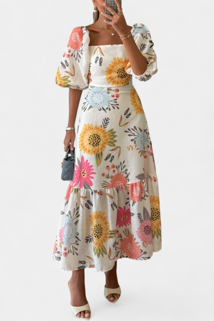 Kacey Vestido Midi de Algodón con Estampado Floral y Mangas Abullonadas