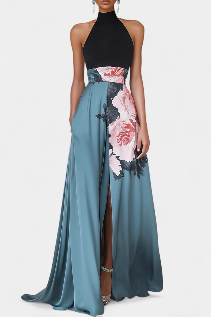 Radmila Vestido A-Line con Top Negro y Falda Floral Contrastante