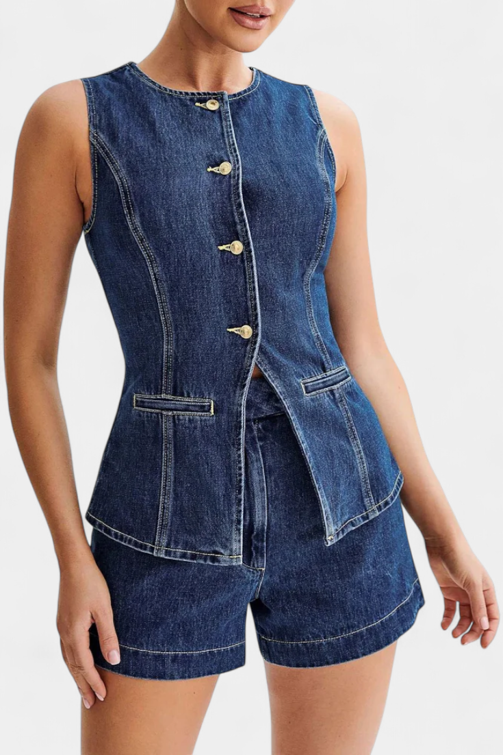 Chaleco Denim Sin Mangas Raya y Shorts de Cintura Alta