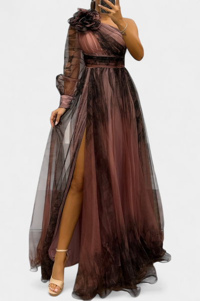 Vestido Maxi de Chiffón Becca con Hombros Descubiertos y Flor Voluminosa