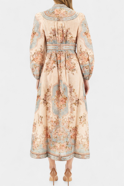 Dorotila Vestido Maxi Acampanado con Estampado Floral, Botones y Mangas Abullonadas