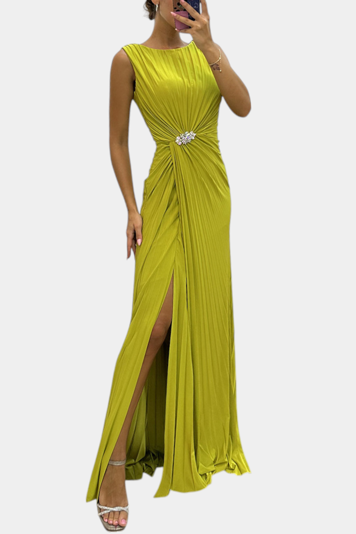 Vestido Maxi Plisado Shiloh con Abertura Lateral y Escote Cruzado