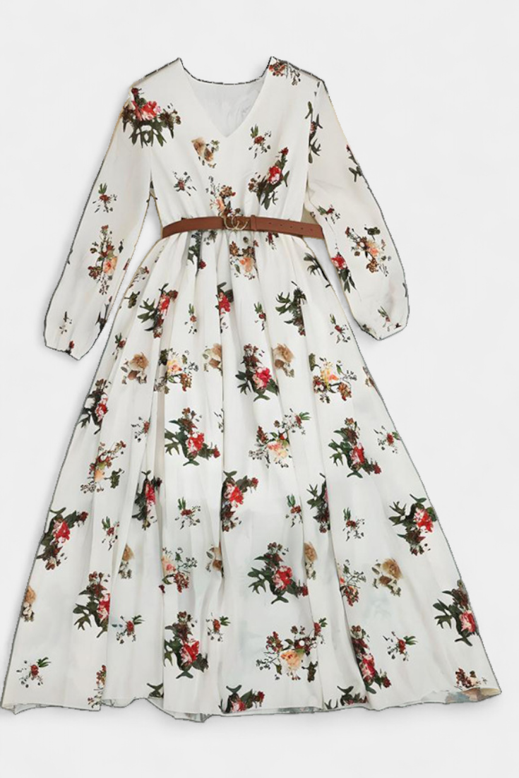 Vestido Maxi Floral Amanda con Cuello en V y Mangas Largas