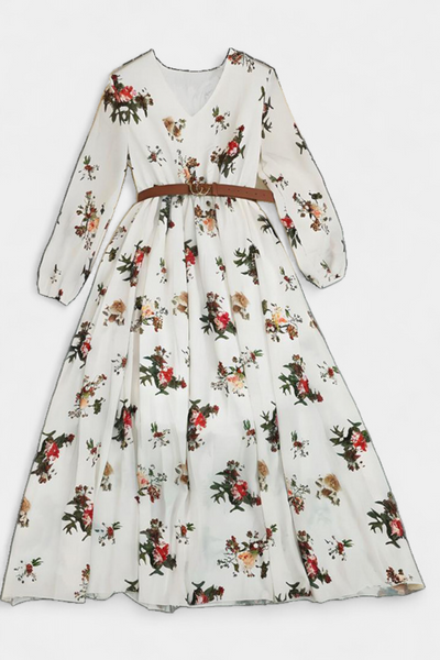 Vestido Maxi Floral Amanda con Cuello en V y Mangas Largas