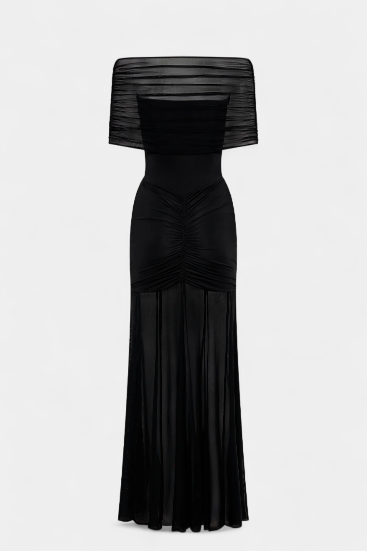 Alodia Maxi Vestido con Hombros y Capa de Malla