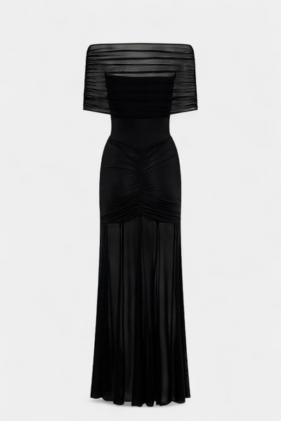 Alodia Maxi Vestido con Hombros y Capa de Malla