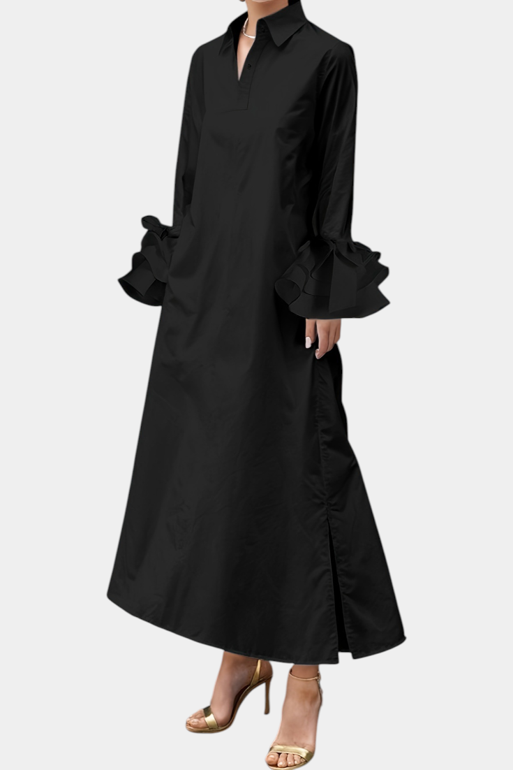Vestido Largo Urbano Ramona con Cuello Camisero y Mangas Voladas