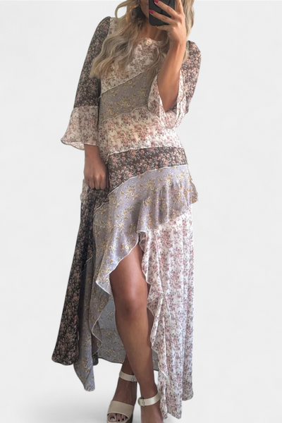 Vestido Largo Floral Ruth con Mangas 3/4 y Paneles con Volantes