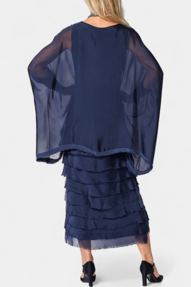 Vestido Midi Rosaria con Volantes y Detalles Deshilachados