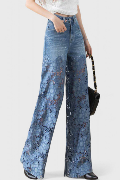 Jasiel Pantalones Palazzo de Denim con Encaje y Bordado Floral