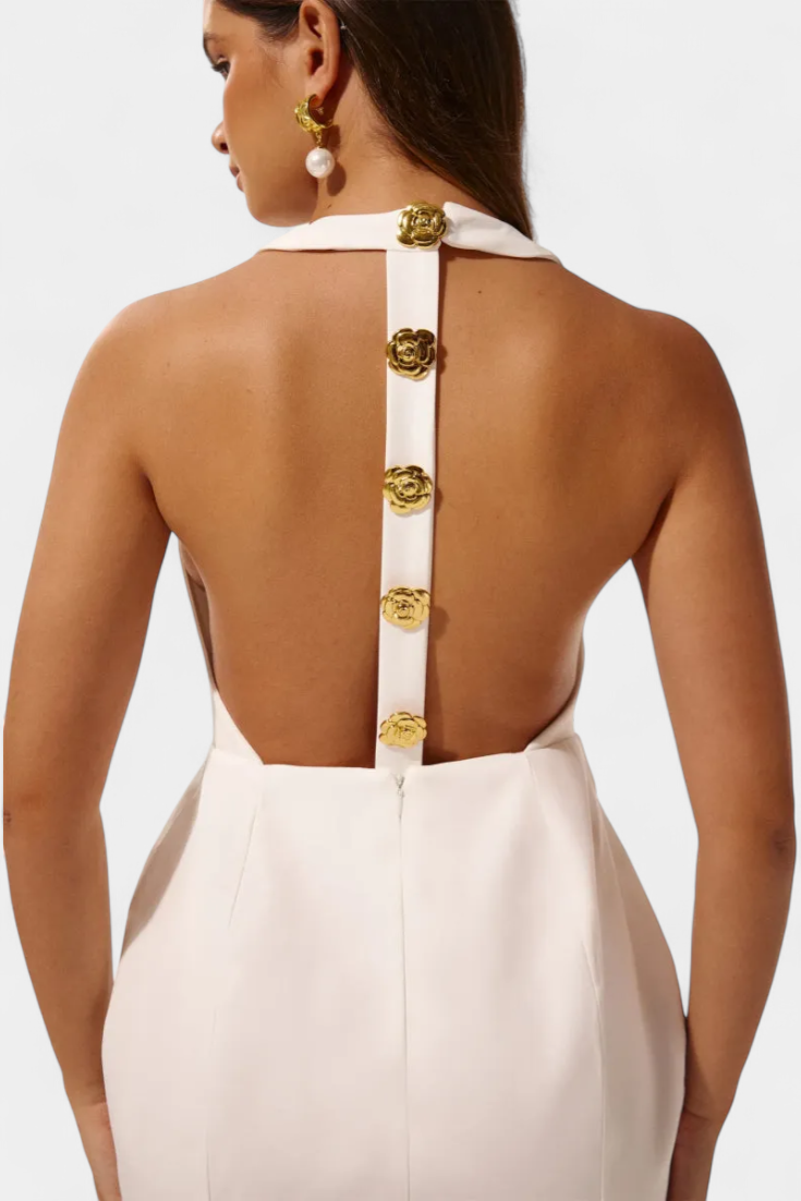Yvonne Mini Vestido Halter con Espalda Abierta y Detalles Florales