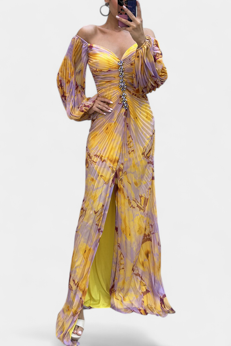 Vestido Maxi Plisado Quintessa con Mangas Largas y Estampado Colorido