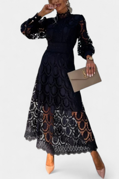Vestido Midi de Encaje Lucinda con Mangas Abullonadas y Cuello Alto