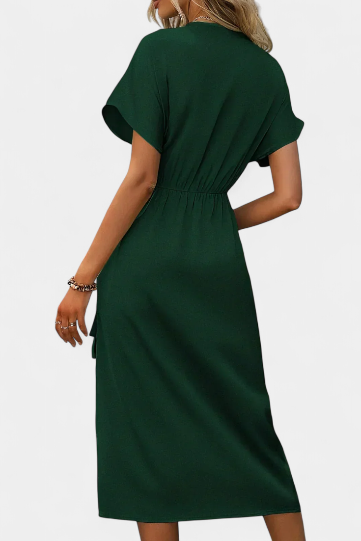 Begoña Vestido Cruzado con Cinturón y Abertura Elegante