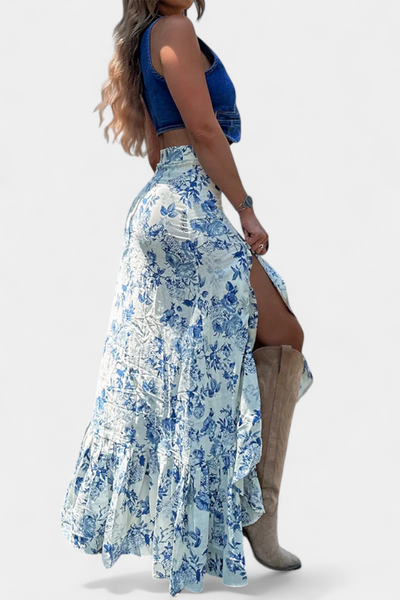 Maxi Falda Floral Kala con Abertura y Volantes