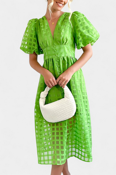 Vestido Midi Marigold de Manga Abullonada con Diseño de Cuadrados