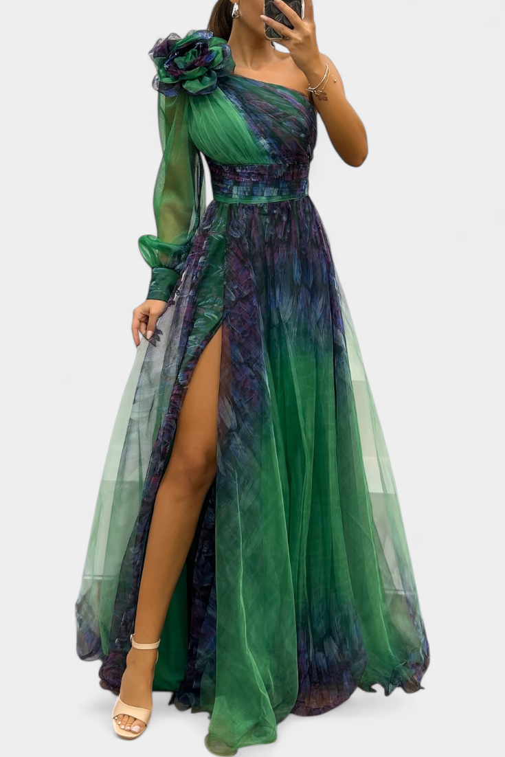 Vestido Maxi de Chiffón Becca con Hombros Descubiertos y Flor Voluminosa