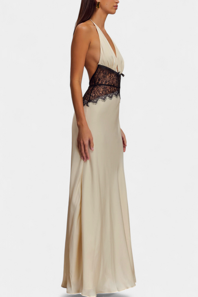 Vestido Largo Ashanty con Escote Halter y Cintura de Encaje Transparente