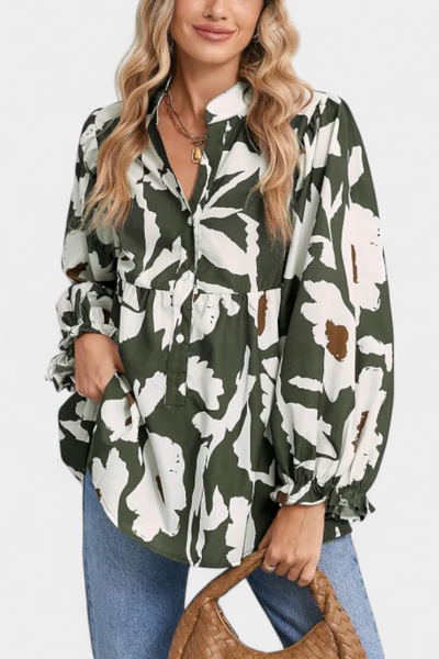 Filomena Blusa de Media Botonadura con Manga Abullonada en Estampado Floral Abstracto