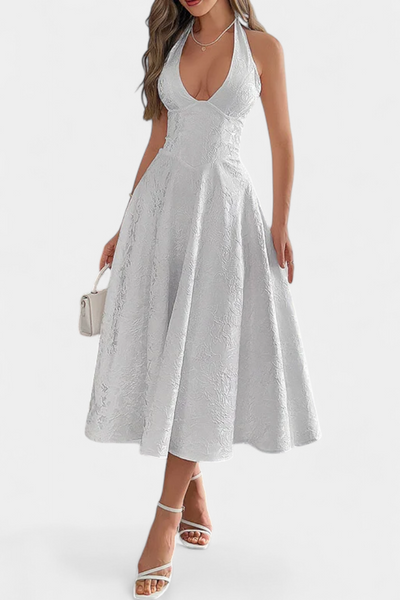 Gilda Midi Dress in Jacquard with Open Back and High Waist