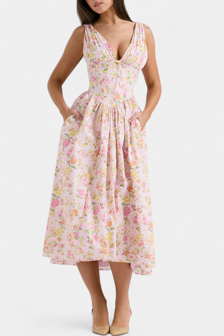 Vestido Midi Margie con Escote en V y Estampado Floral Romántico