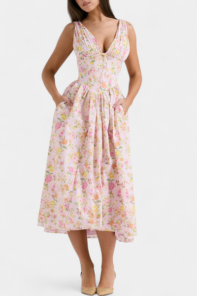 Vestido Midi Margie con Escote en V y Estampado Floral Romántico