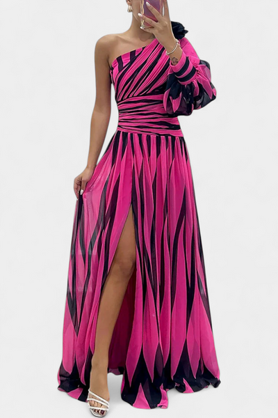 Vestido Maxí Elegante de Rayas con Un Solo Hombro de Bethania