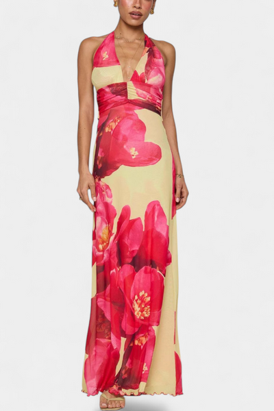Vestido Maxi de Lunares Melodía con Escote Halter y Cintura Ajustada