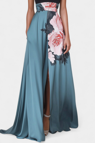Radmila Vestido A-Line con Top Negro y Falda Floral Contrastante