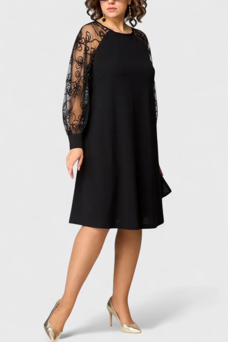 Vestido de Encaje Bellezza con Mangas Largas y Escote Redondo