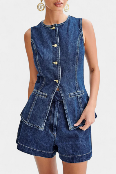 Chaleco Denim Sin Mangas Raya y Shorts de Cintura Alta