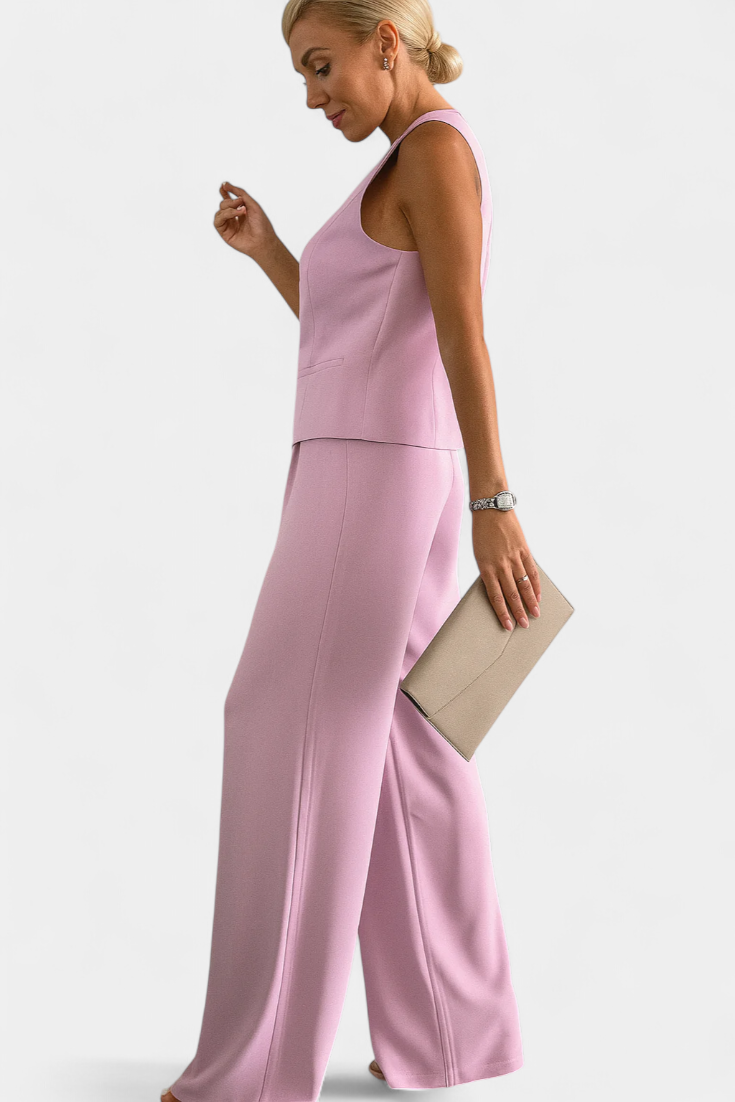 Conjunto Elegante Paloma de 2 Piezas: Blusa Sin Mangas y Pantalón Fluido