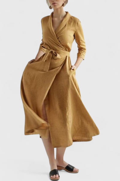 Vestido Midi Vintage Sharon de Algodón y Lino con Cuello Solapa