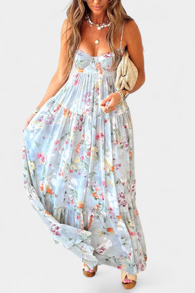 Vestido Floral Neha con Espalda Descubierta y Tirantes Delgados