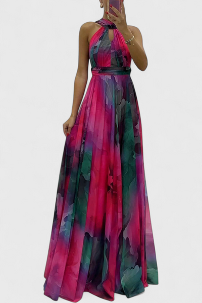 Vestido Maxi de Gasa Caprice con Estampado Floral y Cuello Halter