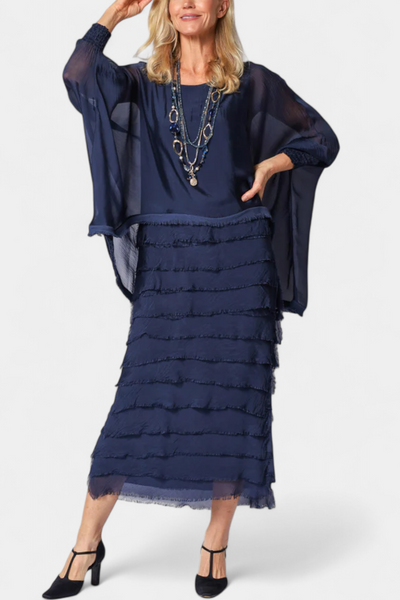 Vestido Midi Rosaria con Volantes y Detalles Deshilachados