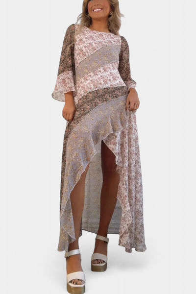 Vestido Largo Floral Ruth con Mangas 3/4 y Paneles con Volantes