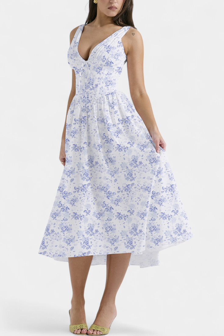 Vestido Midi Margie con Escote en V y Estampado Floral Romántico