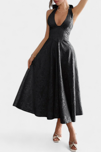 Gilda Midi Dress in Jacquard with Open Back and High Waist