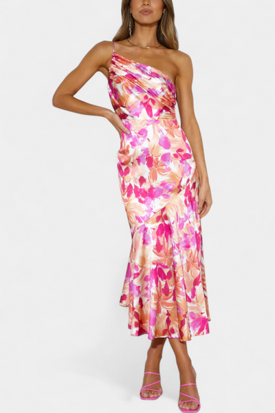 Vestido Asimétrico de Un Hombro Reya con Diseño Floral
