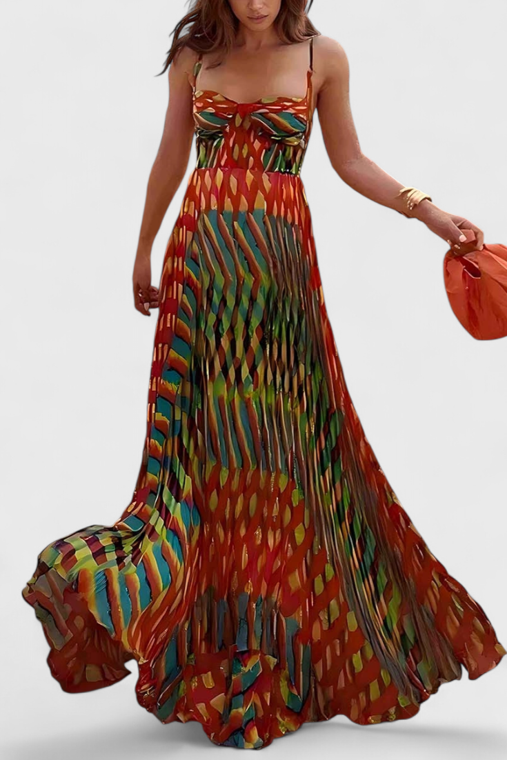 Vestido Maxi Janis con Estampado Artístico y Escote Halter en Forma de Corazón