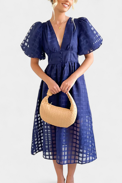 Vestido Midi Marigold de Manga Abullonada con Diseño de Cuadrados