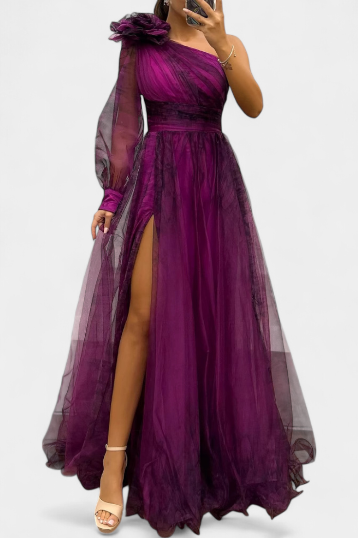 Vestido Maxi de Chiffón Becca con Hombros Descubiertos y Flor Voluminosa
