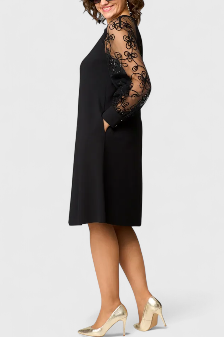 Vestido de Encaje Bellezza con Mangas Largas y Escote Redondo