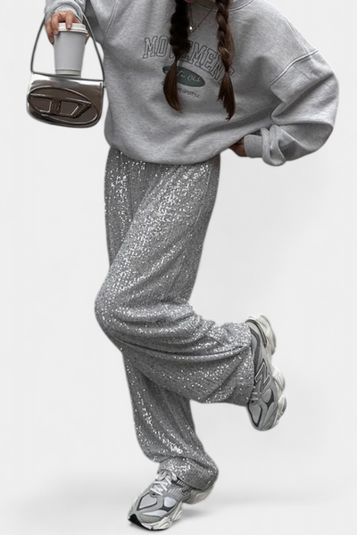 Elva Pantalones Holgados de Cintura Alta con Lentejuelas