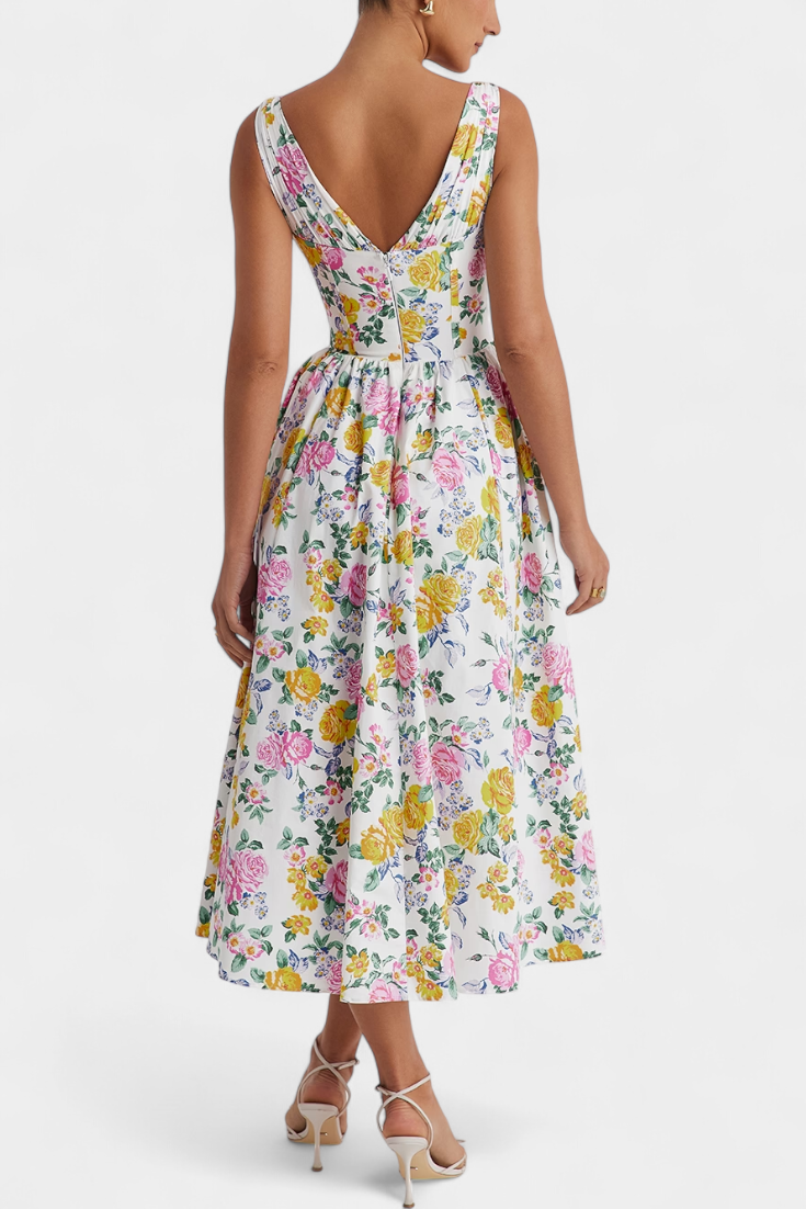 Vestido Midi Margie con Escote en V y Estampado Floral Romántico